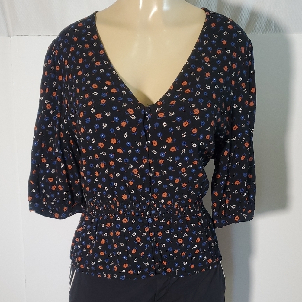 Madewell Smocked Waist Top in Prairie Posies True Black Size 16